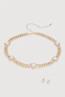 Womens Cubic Zirconia Heart Chain Necklace and Earrings,