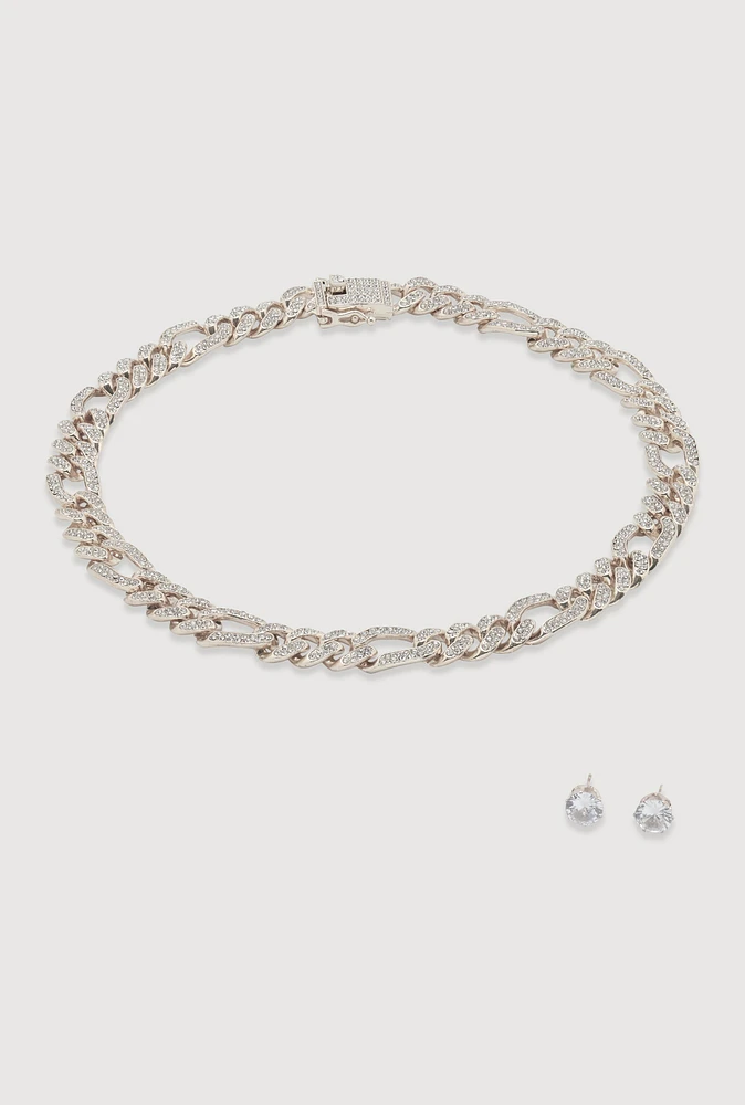 Womens Box Clasp Chain Link Necklace with Stud Earrings, Silver