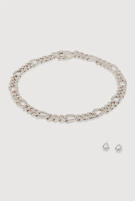 Womens Box Clasp Chain Link Necklace with Stud Earrings, Silver