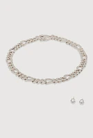 Womens Box Clasp Chain Link Necklace with Stud Earrings, Silver