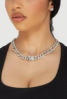 Womens Box Clasp Chain Link Necklace with Stud Earrings, Silver