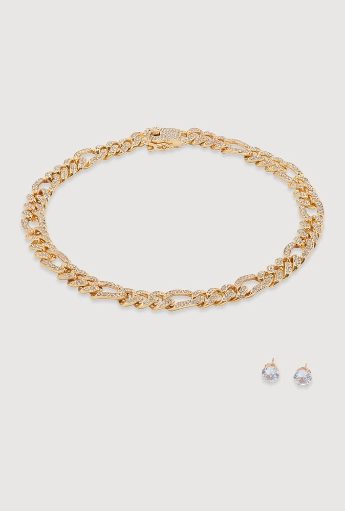 Womens Box Clasp Chain Link Necklace with Stud Earrings, Gold