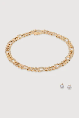 Womens Box Clasp Chain Link Necklace with Stud Earrings, Gold