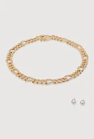Womens Box Clasp Chain Link Necklace with Stud Earrings, Gold