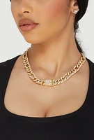 Womens Box Clasp Chain Link Necklace with Stud Earrings, Gold