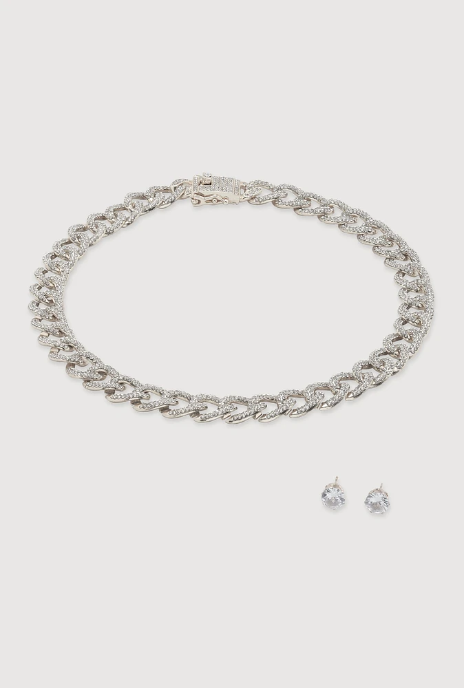 Womens Box Clasp Chain Link Necklace and Stud Earrings, Silver