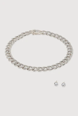 Womens Box Clasp Chain Link Necklace and Stud Earrings, Silver