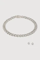 Womens Box Clasp Chain Link Necklace and Stud Earrings, Silver