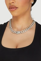 Womens Box Clasp Chain Link Necklace and Stud Earrings, Silver