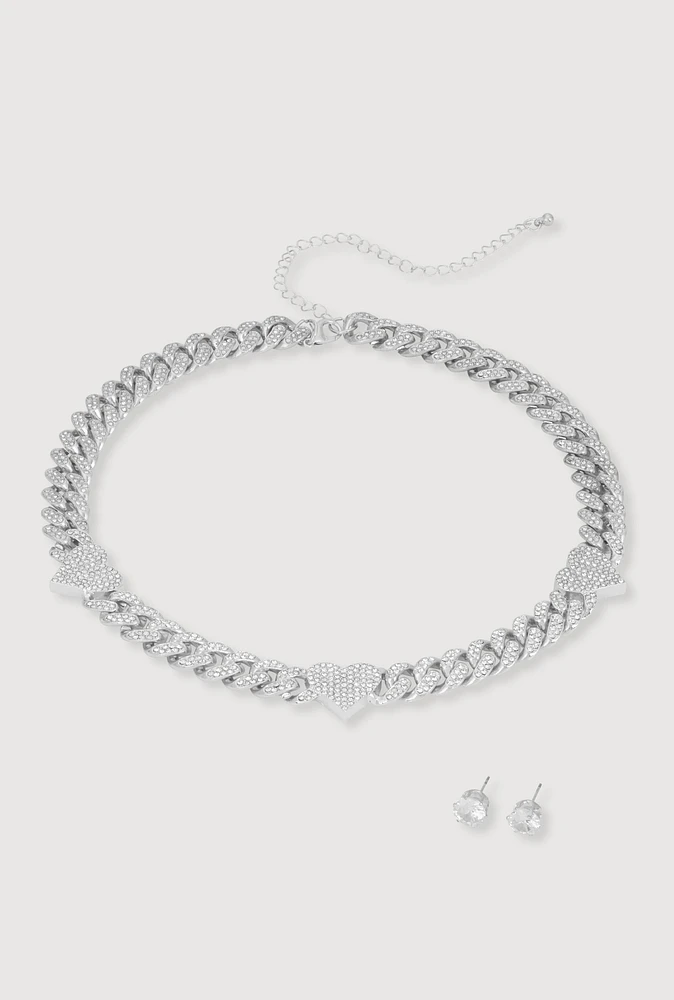 Womens Cubic Zirconia Heart Curb Chain Necklace with Stud Earrings, Silver