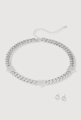 Womens Cubic Zirconia Heart Curb Chain Necklace with Stud Earrings, Silver