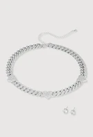 Womens Cubic Zirconia Heart Curb Chain Necklace with Stud Earrings, Silver
