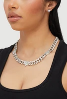 Womens Cubic Zirconia Heart Curb Chain Necklace with Stud Earrings, Silver
