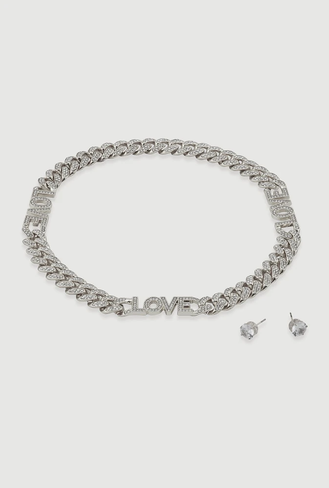 Womens Love Curb Chain Necklace and Stud Earrings, Silver