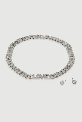 Womens Love Curb Chain Necklace and Stud Earrings, Silver