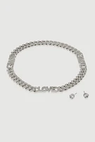 Womens Love Curb Chain Necklace and Stud Earrings, Silver