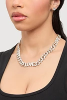 Womens Love Curb Chain Necklace and Stud Earrings, Silver