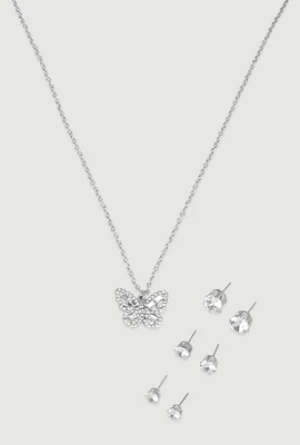 Womens Cubic Zirconia Butterfly Charm Necklace and Stud Earrings, Silver