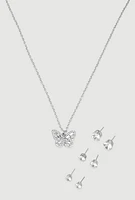 Womens Cubic Zirconia Butterfly Charm Necklace and Stud Earrings, Silver