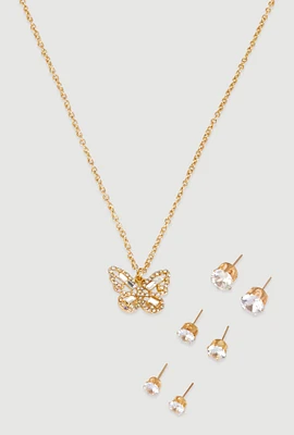 Womens Cubic Zirconia Butterfly Charm Necklace and Stud Earrings, Gold