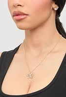 Womens Cubic Zirconia Butterfly Charm Necklace and Stud Earrings, Gold