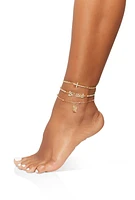 Womens Cubic Zirconia Blessed Charm Anklet Trio, Gold