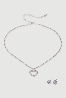 Womens Cut Out Heart Necklace and Stud Earrings, Silver