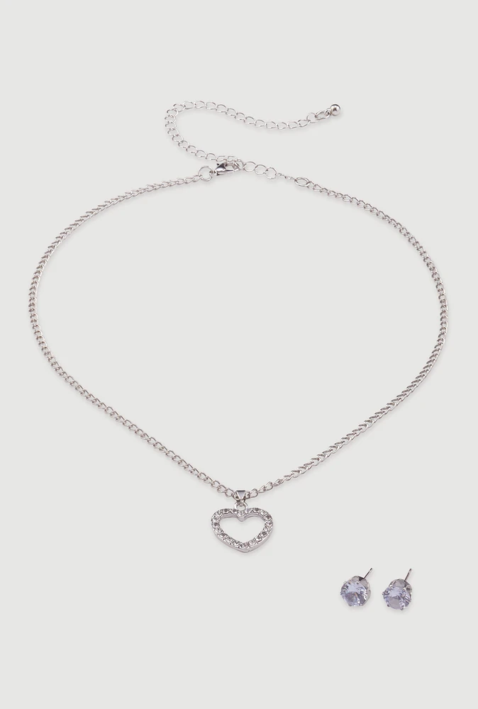 Womens Cut Out Heart Necklace and Stud Earrings, Silver