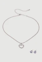 Womens Cut Out Heart Necklace and Stud Earrings, Silver
