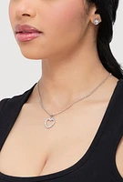 Womens Cut Out Heart Necklace and Stud Earrings, Silver