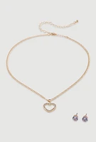 Womens Cut Out Heart Necklace and Stud Earrings,