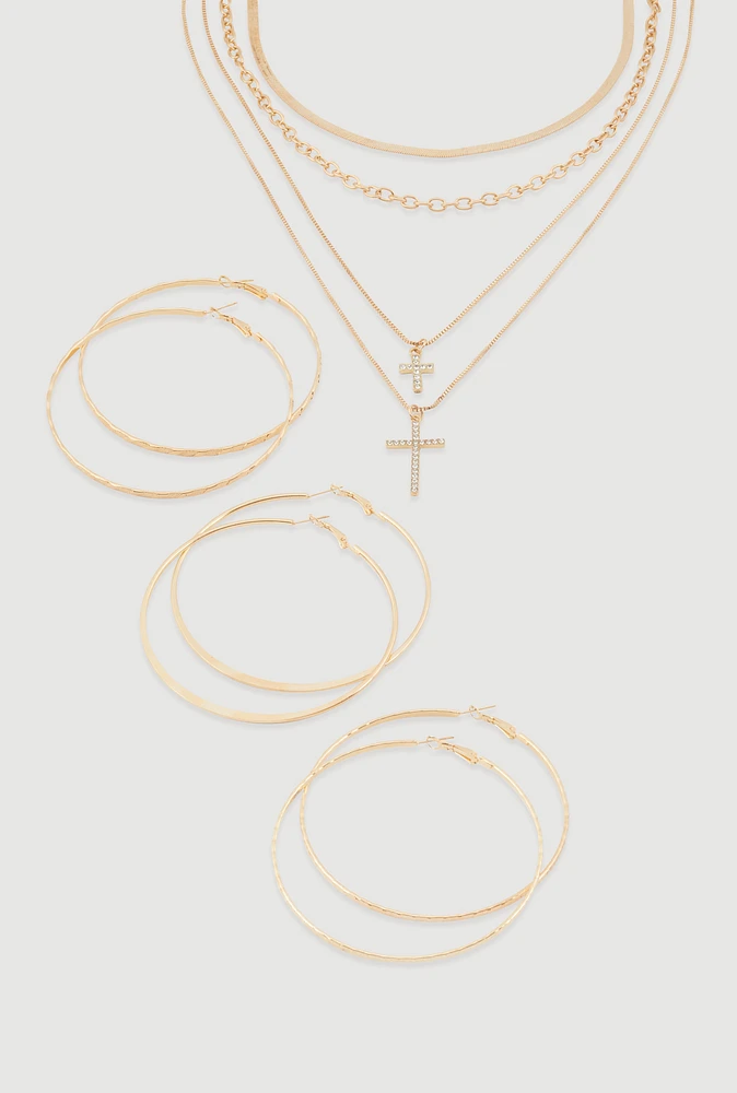 Womens Cross Layered Necklace with Hoop Earring Trio, Gold