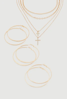 Womens Cross Layered Necklace with Hoop Earring Trio, Gold
