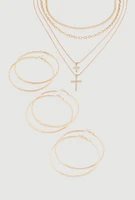 Womens Cross Layered Necklace with Hoop Earring Trio, Gold