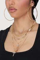 Womens Cross Layered Necklace with Hoop Earring Trio, Gold