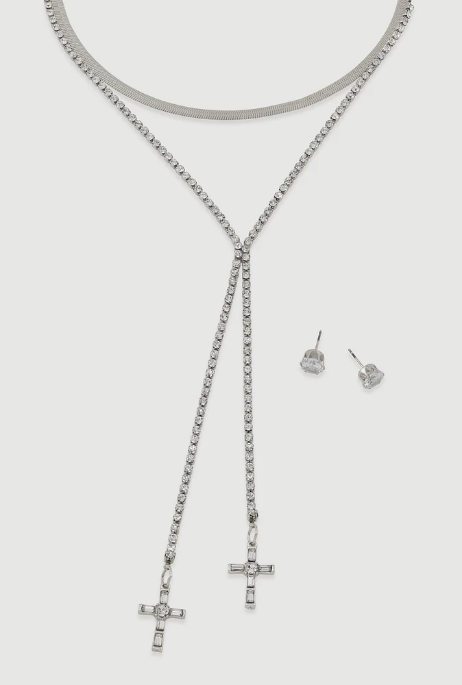 Womens Cross Lariat Necklace and Stud Earrings, Silver