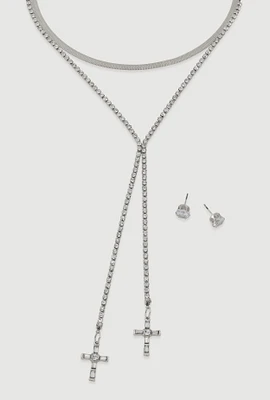 Womens Cross Lariat Necklace and Stud Earrings, Silver