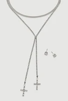 Womens Cross Lariat Necklace and Stud Earrings, Silver