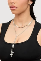 Womens Cross Lariat Necklace and Stud Earrings, Silver