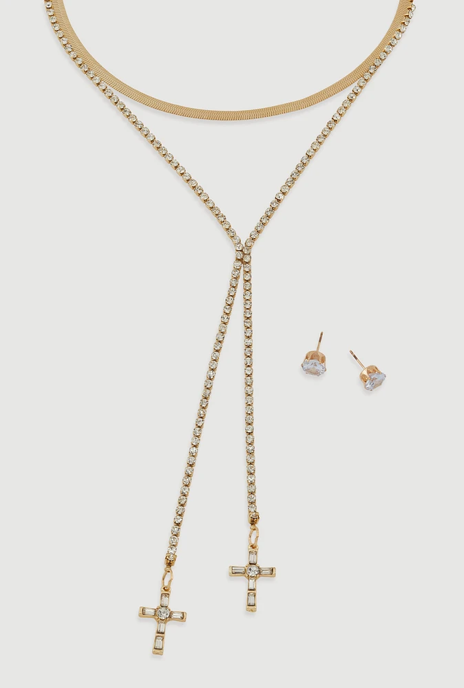 Womens Cross Lariat Necklace and Stud Earrings, Gold