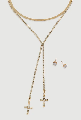 Womens Cross Lariat Necklace and Stud Earrings, Gold