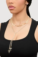 Womens Cross Lariat Necklace and Stud Earrings, Gold