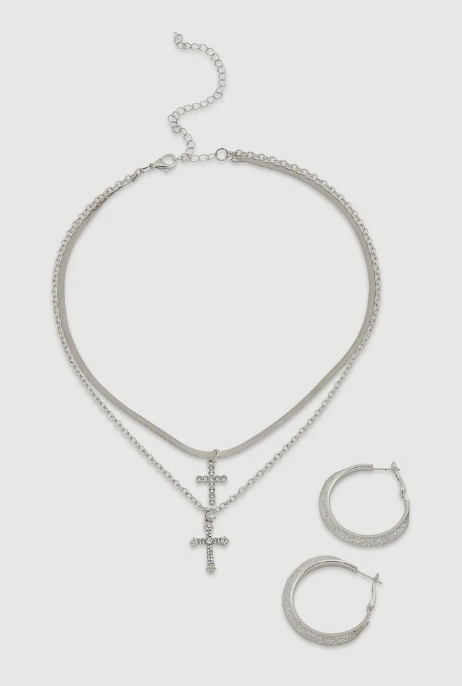 Womens Cross Layered Necklace and Hoop Earrings, Silver