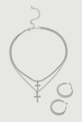 Womens Cross Layered Necklace and Hoop Earrings, Silver