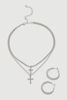 Womens Cross Layered Necklace and Hoop Earrings, Silver