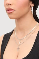 Womens Cross Layered Necklace and Hoop Earrings, Silver