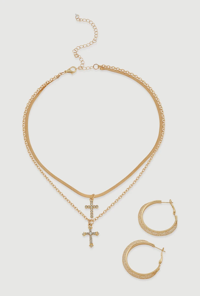 Womens Cross Layered Necklace and Hoop Earrings, Gold