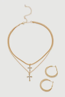 Womens Cross Layered Necklace and Hoop Earrings, Gold