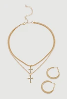 Womens Cross Layered Necklace and Hoop Earrings, Gold
