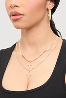 Womens Cross Layered Necklace and Hoop Earrings, Gold